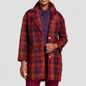 A New Day Plaid Tweed Top Coat Overcoat Wool Blend Pink Purple Orange Size L